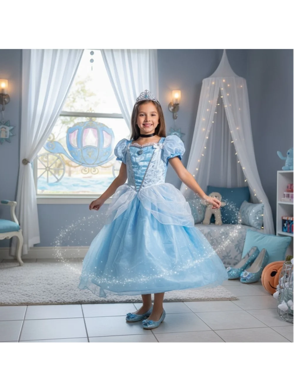 SET Disney Princess CINDERELLA Costume Cosplay Wand Tiara Shoes Halloween SZ 13